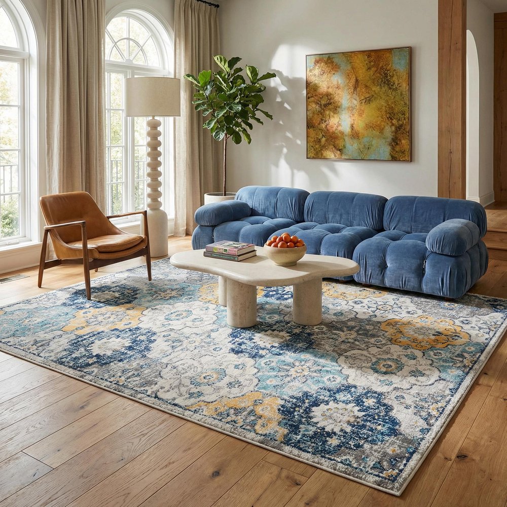 12' X 18' Blue and Yellow Floral Washable Non Skid Area Rug