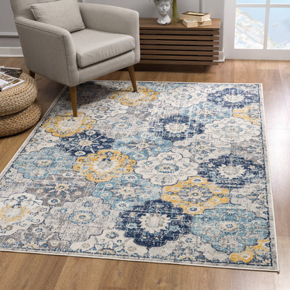 12' X 18' Blue and Yellow Floral Washable Non Skid Area Rug