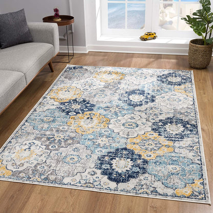 2' X 4' Blue and Yellow Floral Area Rug