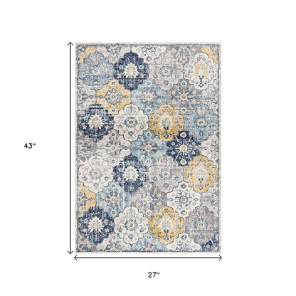 3' X 5' Blue and Yellow Floral Distressed Area Rug
