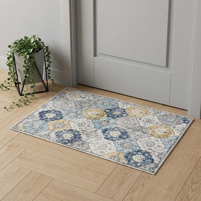 3' X 5' Blue and Yellow Floral Distressed Area Rug