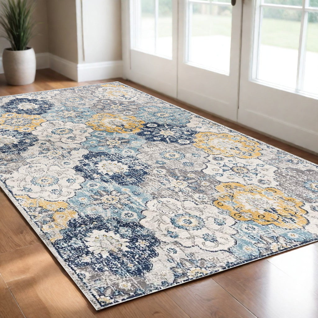 2' X 4' Blue and Yellow Floral Area Rug