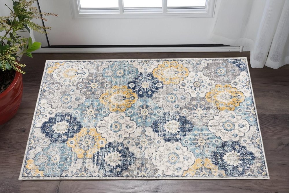 6' X 9' Blue and Yellow Floral Area Rug