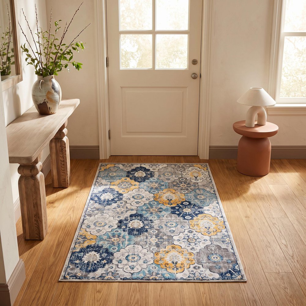 6' X 9' Blue and Yellow Floral Area Rug