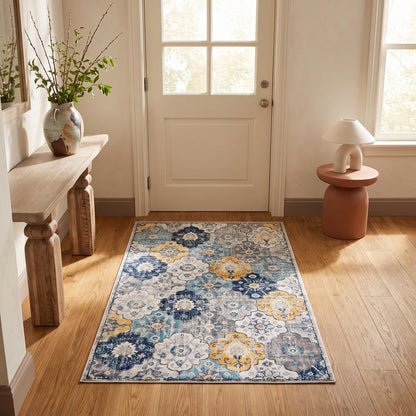 6' X 9' Blue and Yellow Floral Area Rug