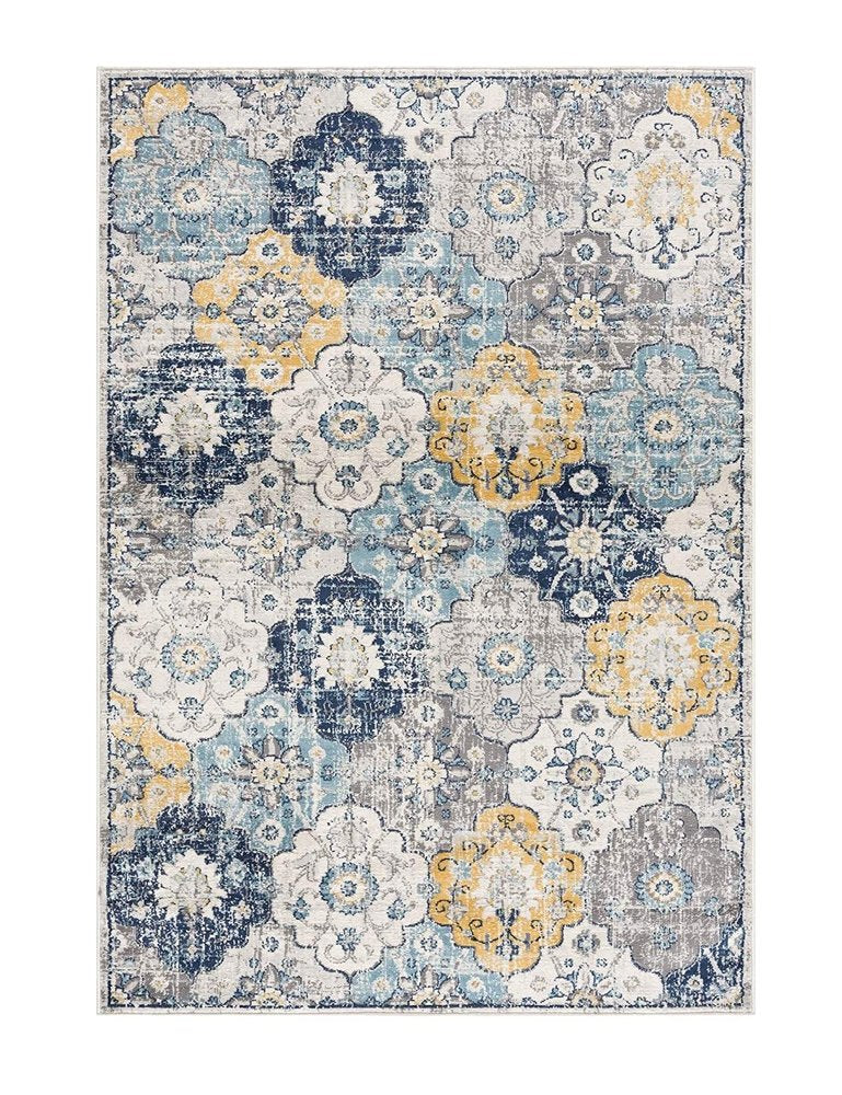 6' Blue And Yellow Floral Runner Rug