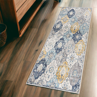 2' X 4' Blue and Yellow Floral Area Rug