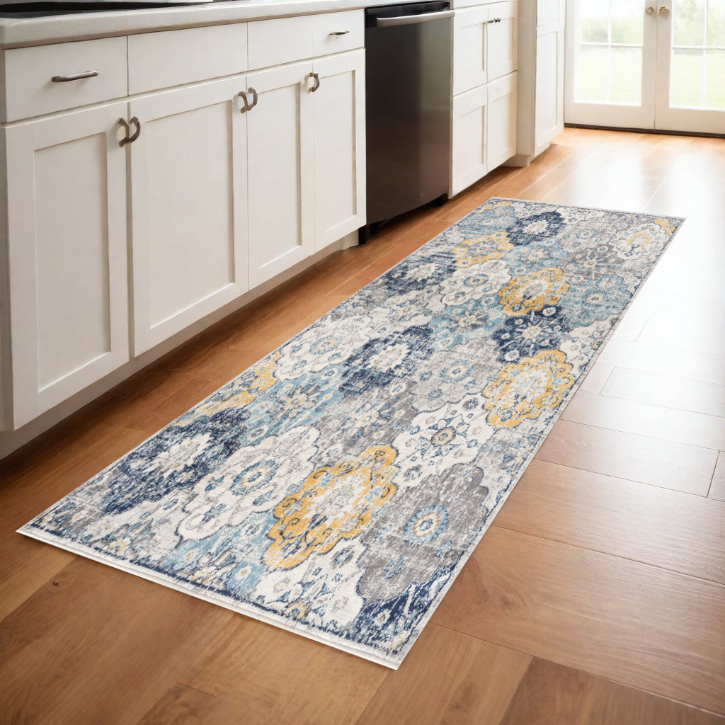 2' X 4' Blue and Yellow Floral Area Rug