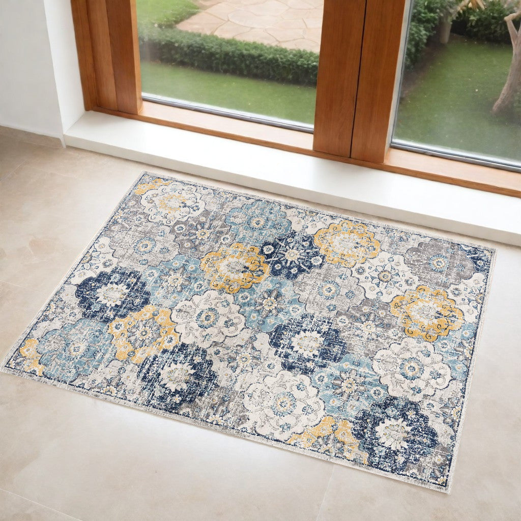 2' X 4' Blue and Yellow Floral Area Rug