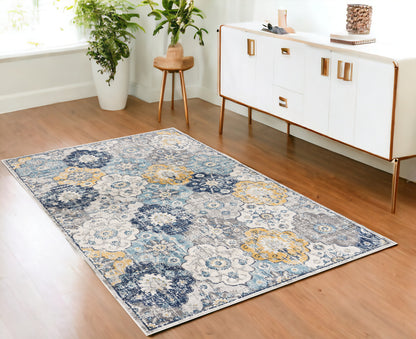 2' X 4' Blue and Yellow Floral Area Rug