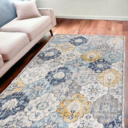 2' X 4' Blue and Yellow Floral Area Rug