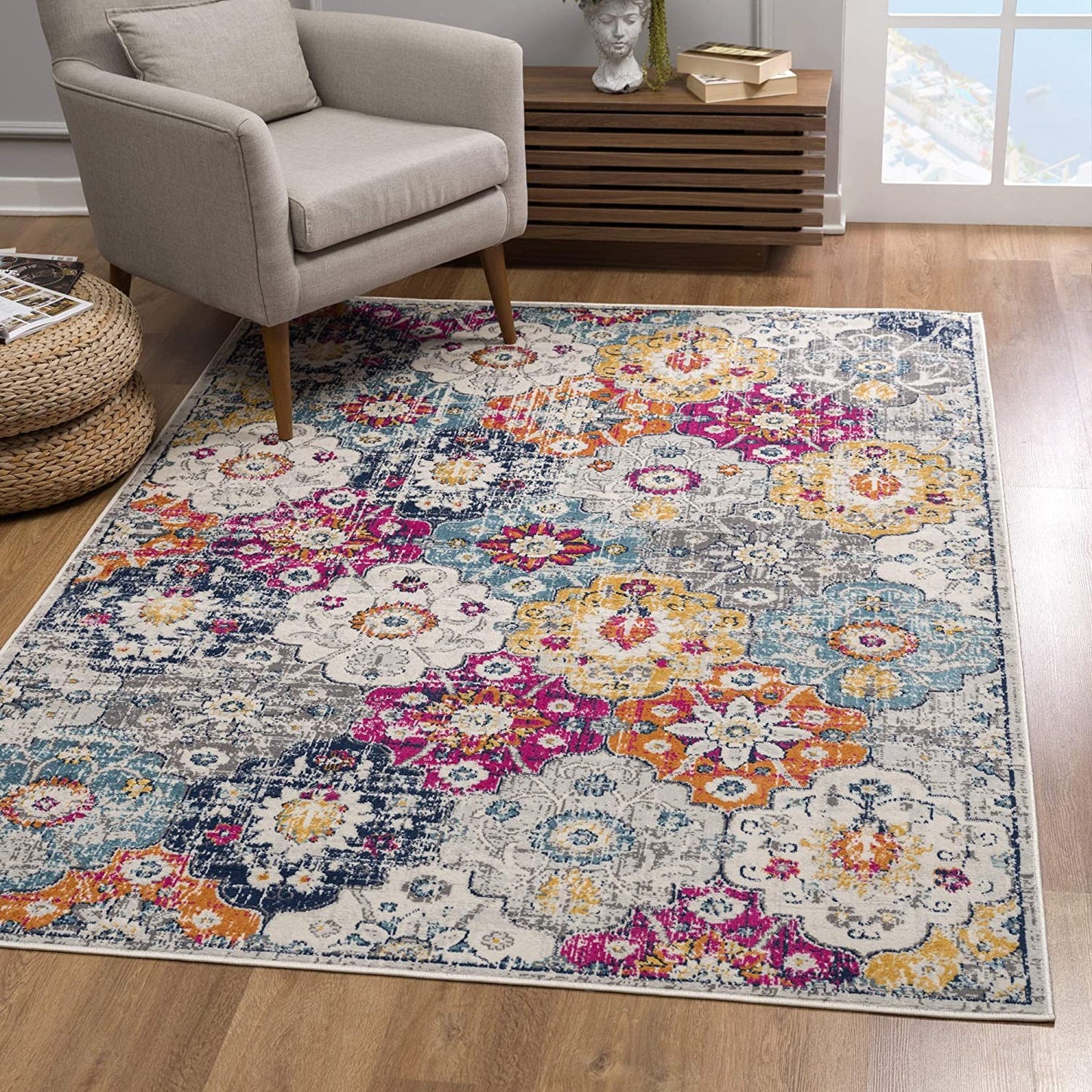 8' X 10' Blue and Ivory Floral Area Rug