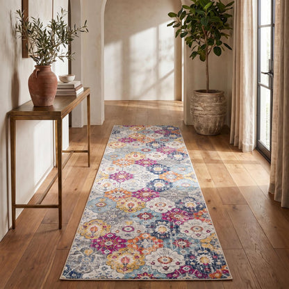 15' Blue And Ivory Floral Runner Rug