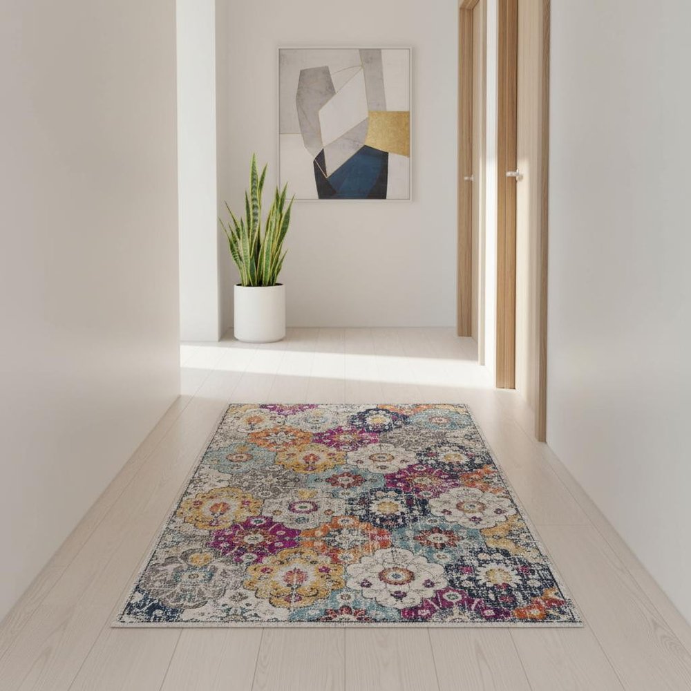 13' Blue And Ivory Floral Runner Rug