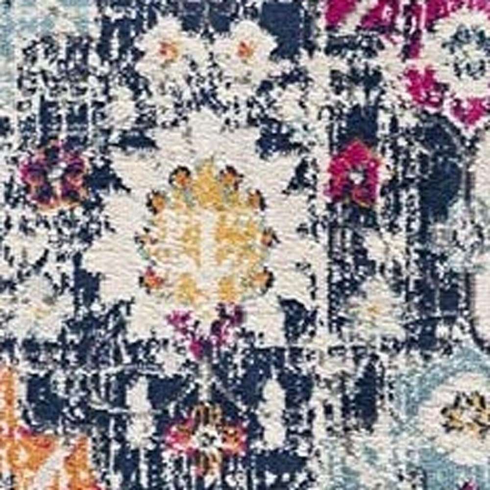 13' Blue And Ivory Floral Runner Rug