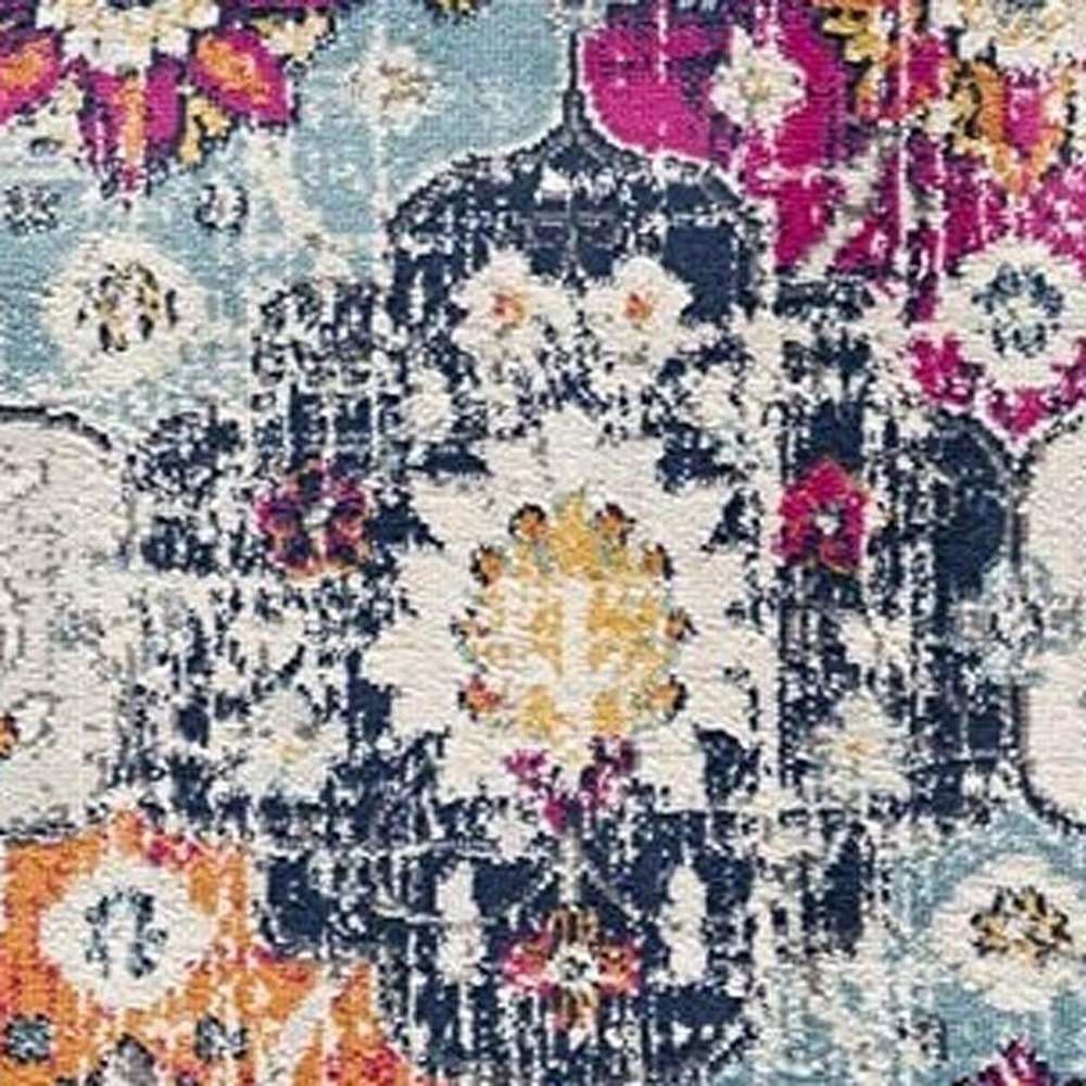 13' Blue And Ivory Floral Runner Rug