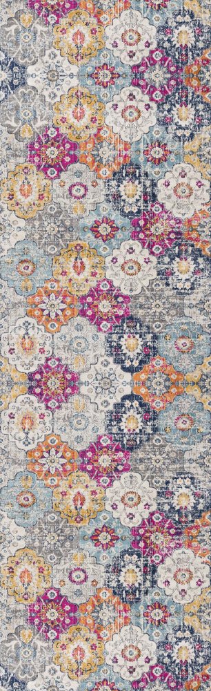 15' Blue And Ivory Floral Runner Rug