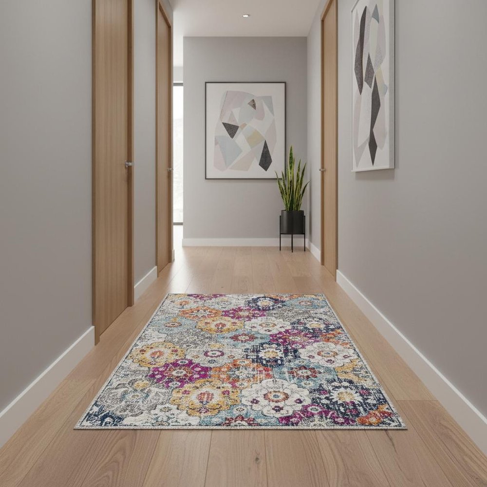 10' Blue And Ivory Floral Runner Rug