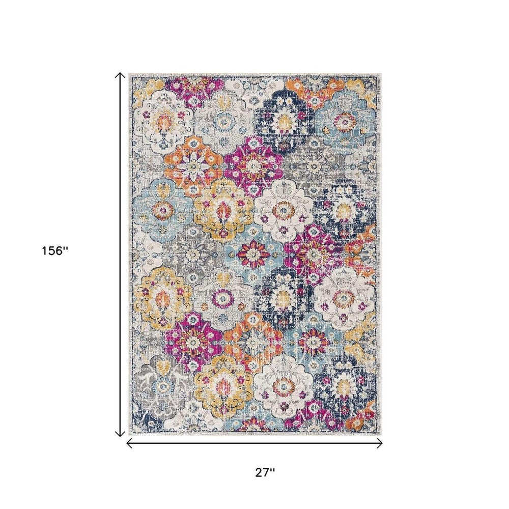13' Blue And Ivory Floral Runner Rug