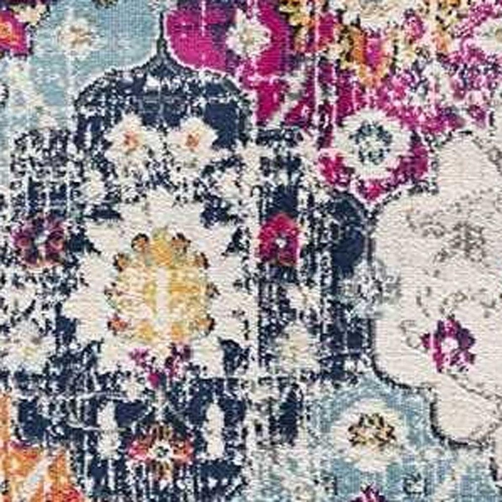 10' Blue And Ivory Floral Runner Rug