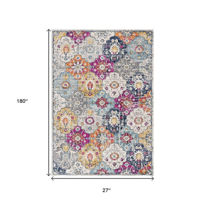 15' Blue And Ivory Floral Runner Rug
