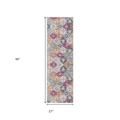 10' Blue And Ivory Floral Runner Rug