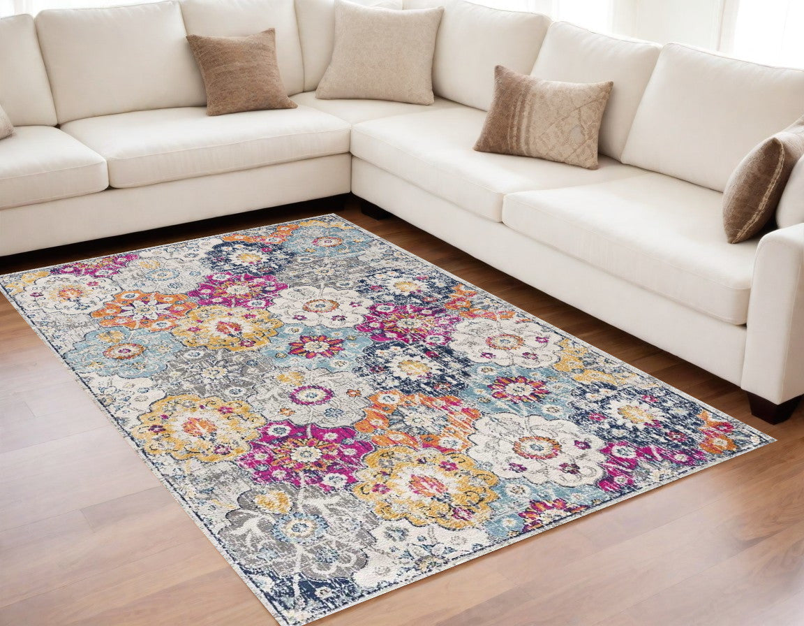 8' X 10' Blue and Ivory Floral Area Rug