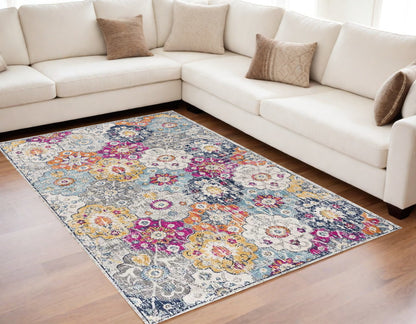 8' X 10' Blue and Ivory Floral Area Rug