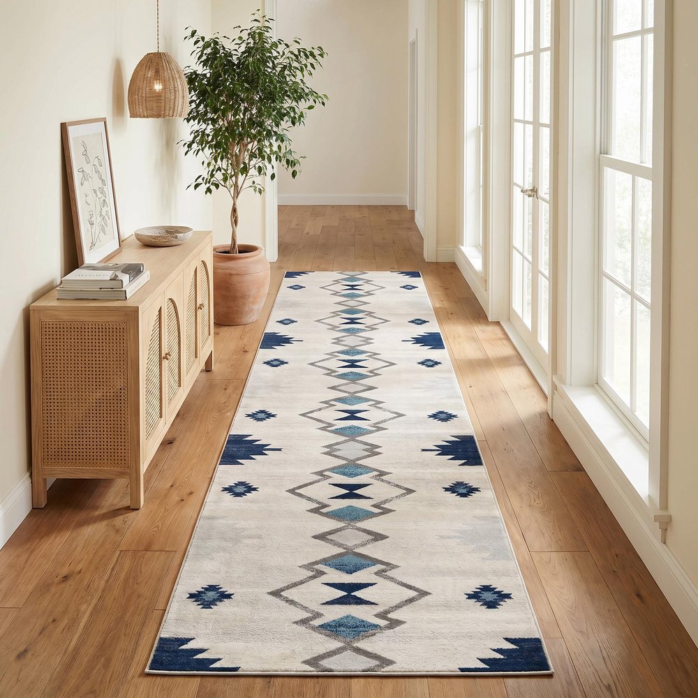 13' Blue And Ivory Southwestern Runner Rug