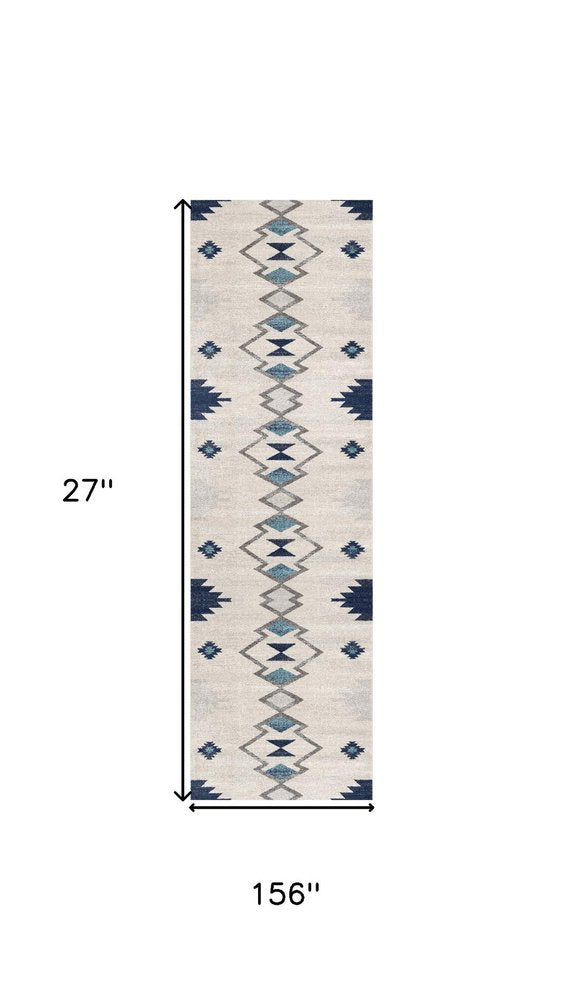 13' Blue And Ivory Southwestern Runner Rug