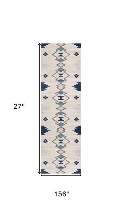 13' Blue And Ivory Southwestern Runner Rug