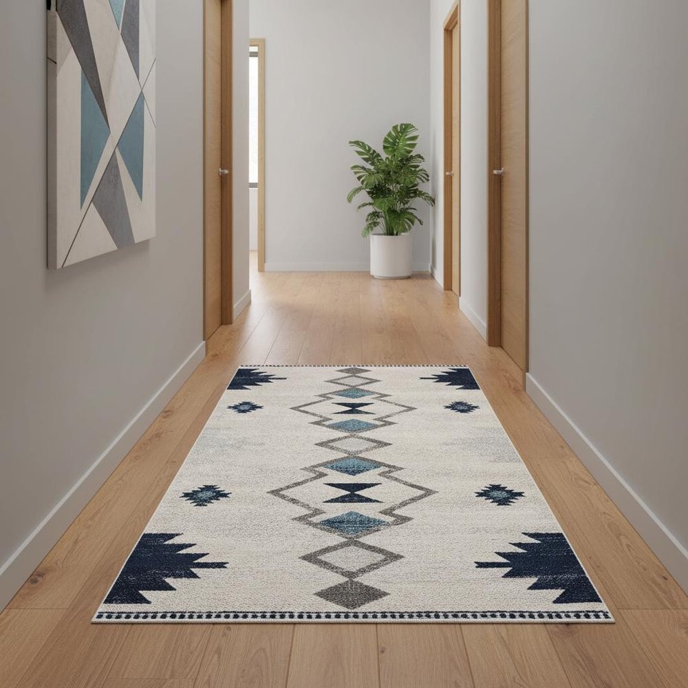13' Blue And Ivory Southwestern Runner Rug