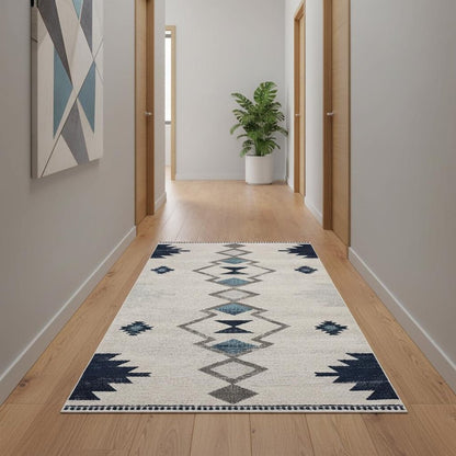 13' Blue And Ivory Southwestern Runner Rug