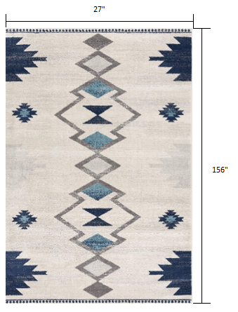 8' Runner Blue and Ivory Southwestern Runner Rug