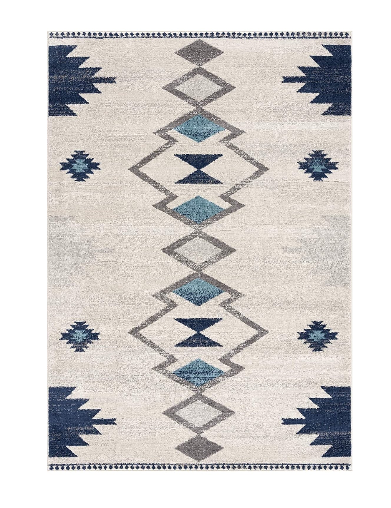 8' Runner Blue and Ivory Southwestern Runner Rug