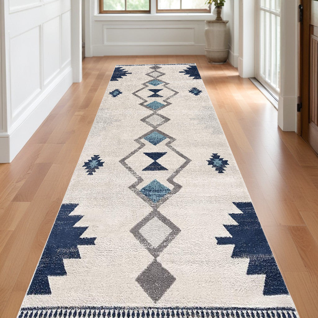 8' Runner Blue and Ivory Southwestern Runner Rug