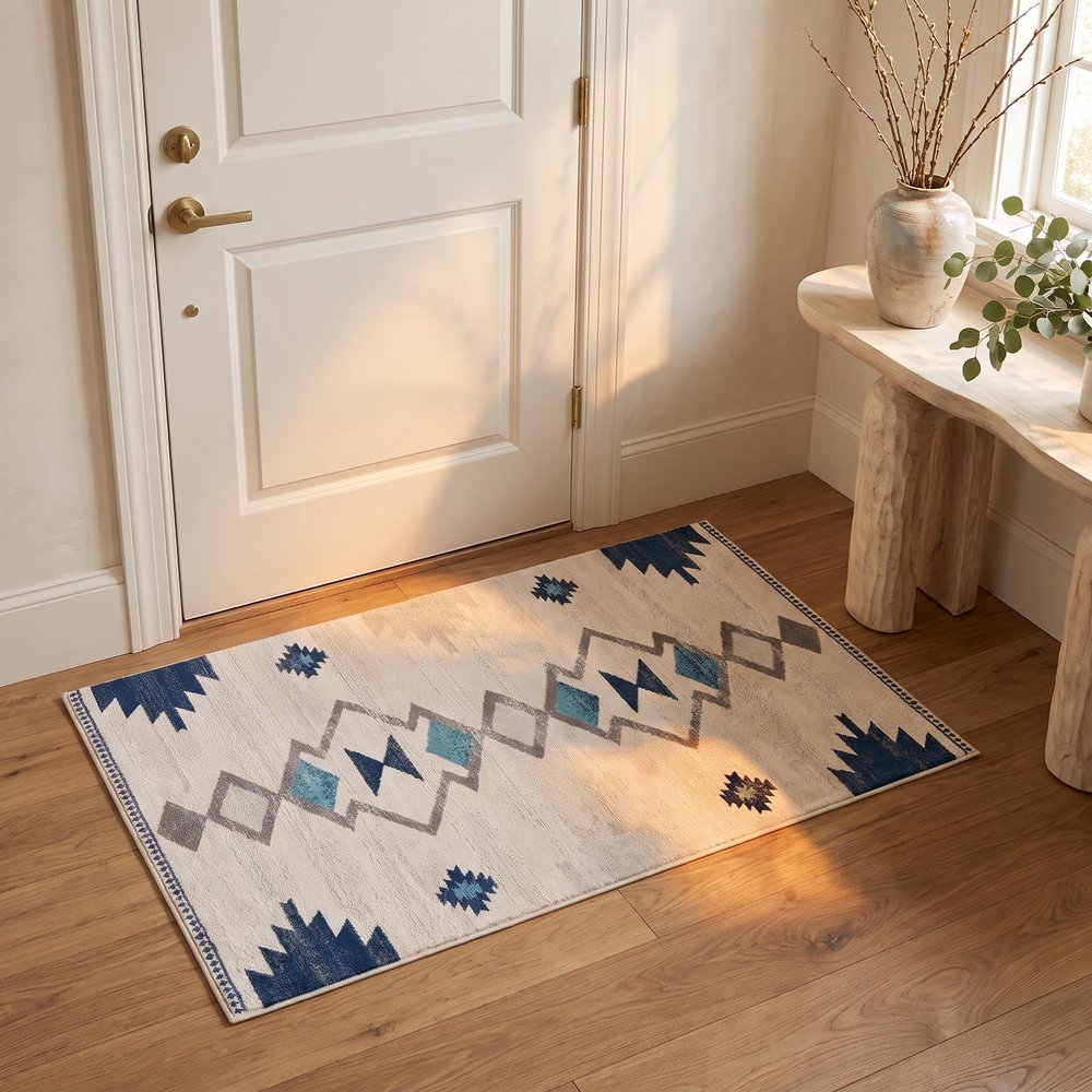 13' Blue And Ivory Southwestern Runner Rug
