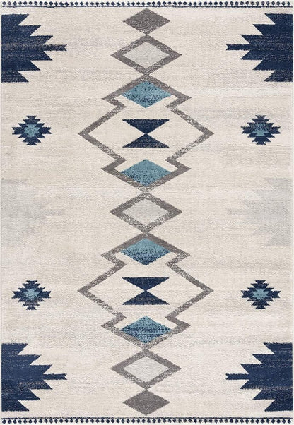 5' X 7' Blue and Ivory Southwestern Area Rug