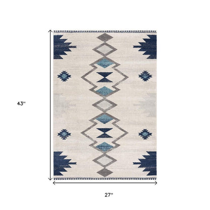 13' Blue And Ivory Southwestern Runner Rug