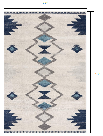 8' Runner Blue and Ivory Southwestern Runner Rug