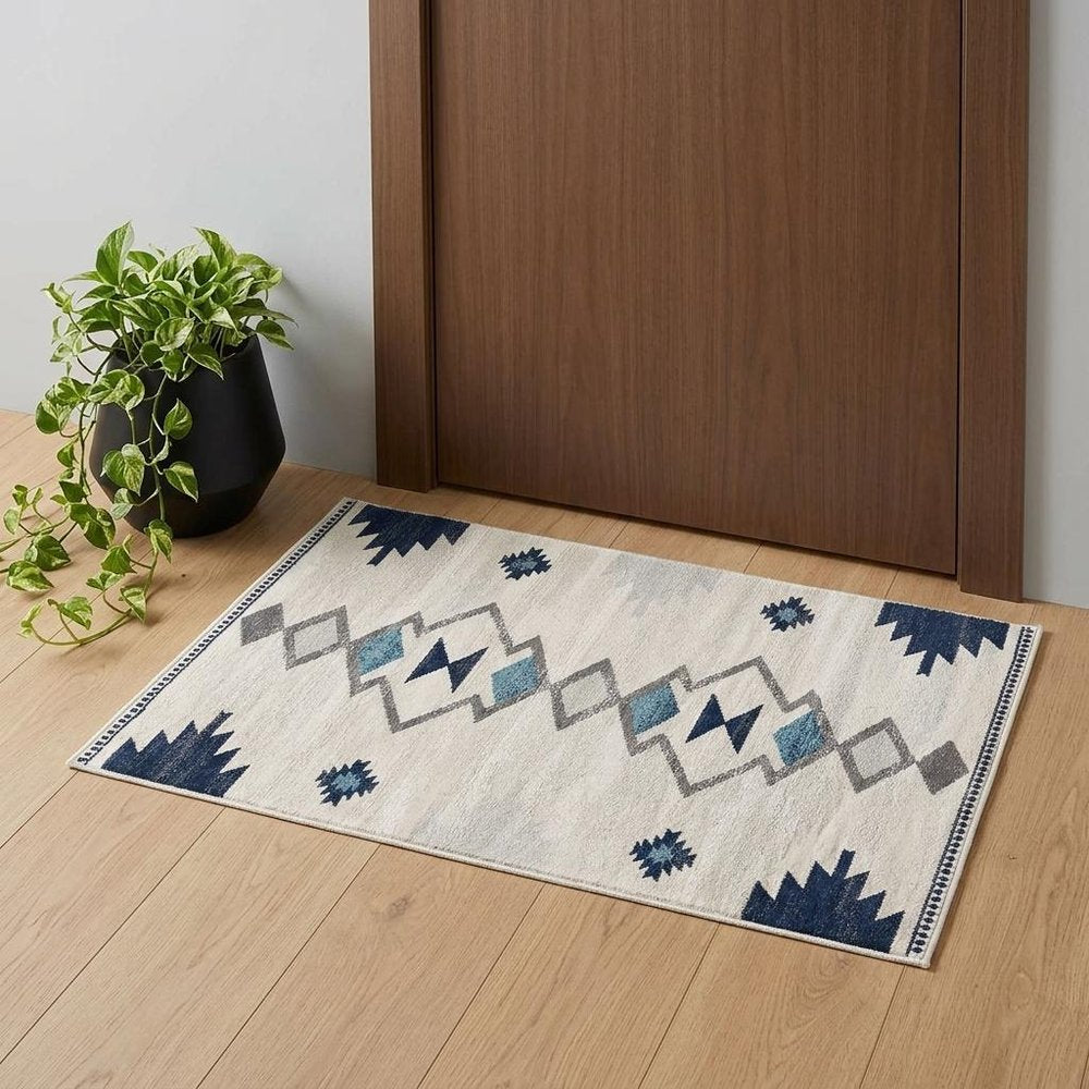 13' Blue And Ivory Southwestern Runner Rug