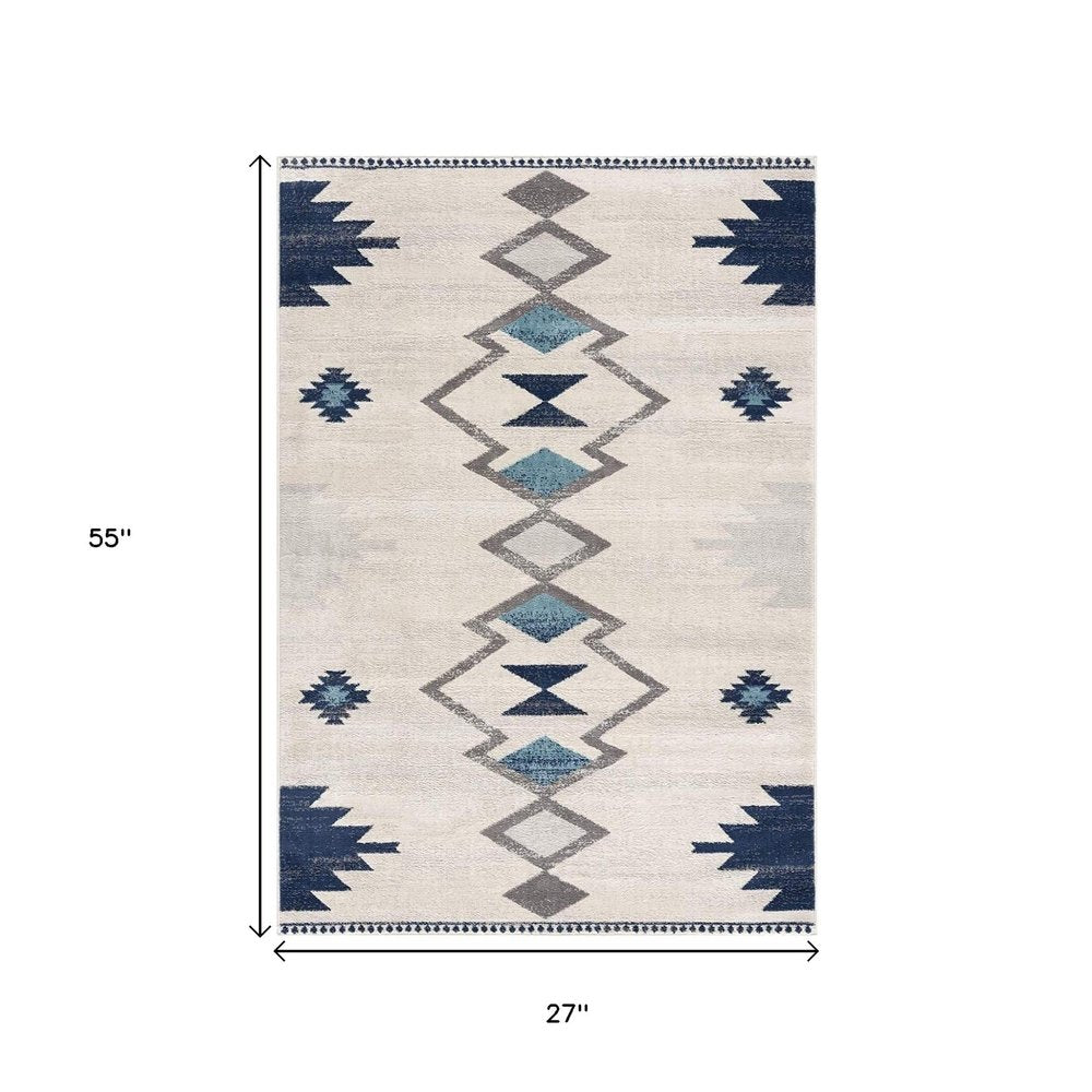 13' Blue And Ivory Southwestern Runner Rug