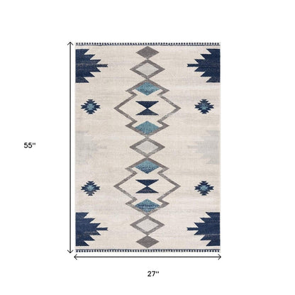 13' Blue And Ivory Southwestern Runner Rug