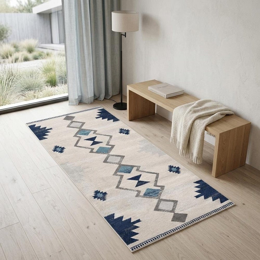 13' Blue And Ivory Southwestern Runner Rug
