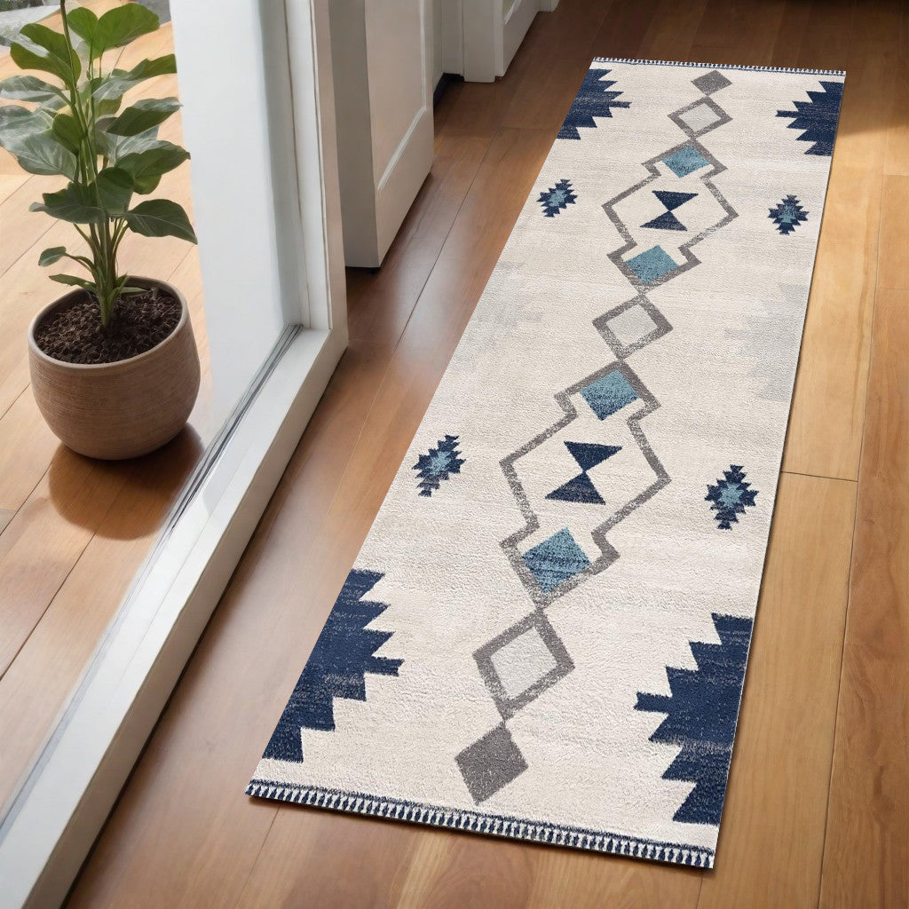 8' Runner Blue and Ivory Southwestern Runner Rug