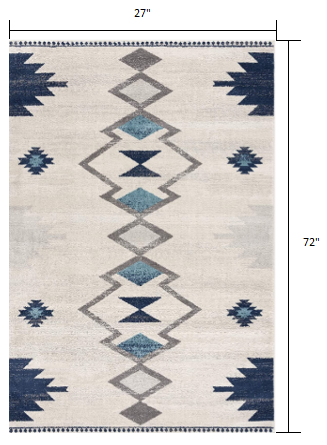 8' Runner Blue and Ivory Southwestern Runner Rug