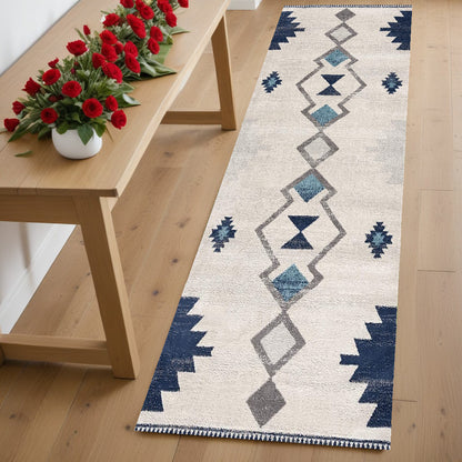 8' Runner Blue and Ivory Southwestern Runner Rug