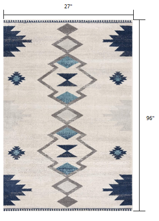 8' Runner Blue and Ivory Southwestern Runner Rug