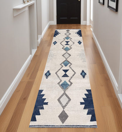 8' Runner Blue and Ivory Southwestern Runner Rug