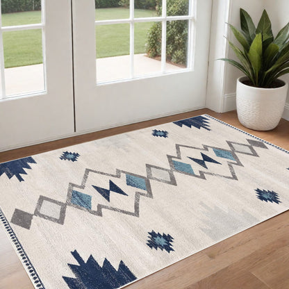 8' Runner Blue and Ivory Southwestern Runner Rug